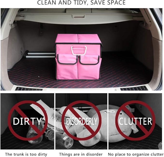Car Trunk Organizer Collapsible Portable Multi Compartments Organizer with Non Slip Straps for SUV Truck Auto Vehicle Car Auto Minivan (Small covered, Pink)