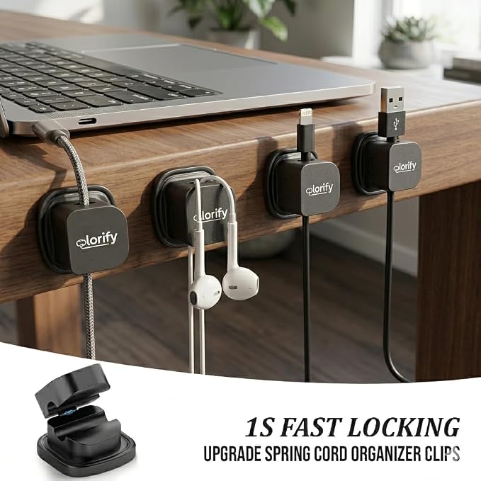 8 Pack Spring Cord Holder Clips [360° Rotatable, 1-Hand Use] — Adhesive Cable Clips for Nightstand, Desk, Wall & Kitchen | Phone Charger Cord Holder | No-Residue | Fits 2.5–8mm Cables