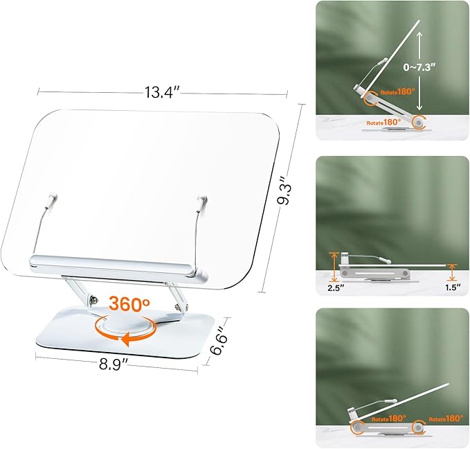 BYMECOST Acrylic Book Stand for Reading, Adjustable Book Holder with 360° Rotating Base & Elastic Page Clips, Foldable Desktop Riser Stand for Cookbook,Laptop,Tablet,Music Scores,Recipe,Textbook