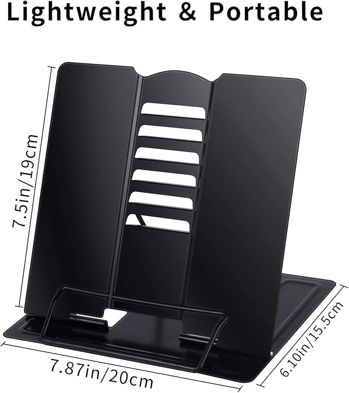 Blizzow Desk Book Stand Holder - Hands Free, Adjustable Metal Stand, Foldable Portable for Cookbook, Recipe, Tablet, Music, Documents (Black)