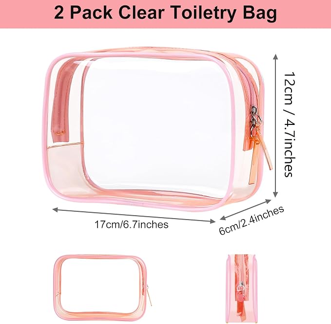 PLULON 2 Pack Travel Toiletry Bag, TSA Approved Toiletry Bag Clear Makeup Bag Quart Size Portable Cosmetic Bags Carry on Travel Accessories Bag for Women Men - Pink