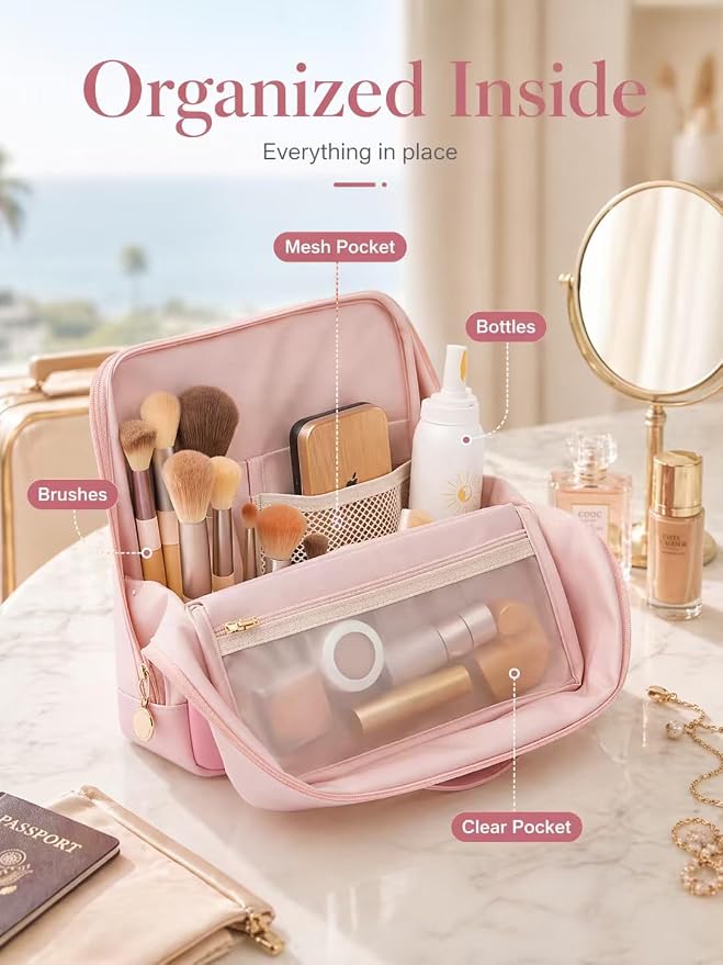 Large Travel Makeup Bag for Women, Large Makeup Bag Organizer with Brush Compartment, Upright Cosmetic Bag and Toiletry Bag, Wipe-Clean PU Makeup Pouch, Pink