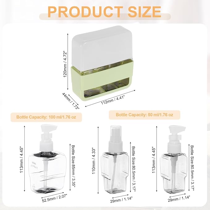 Travel Toiletries Bottles Set, Reusable 3-in-1 Kit Liquid Bottles Containers Leak Proof Spray & Lotion with Labels - Fitting for (Travel/Hotel/Gym/Perfume), 3Pcs & 50/100ml & Green