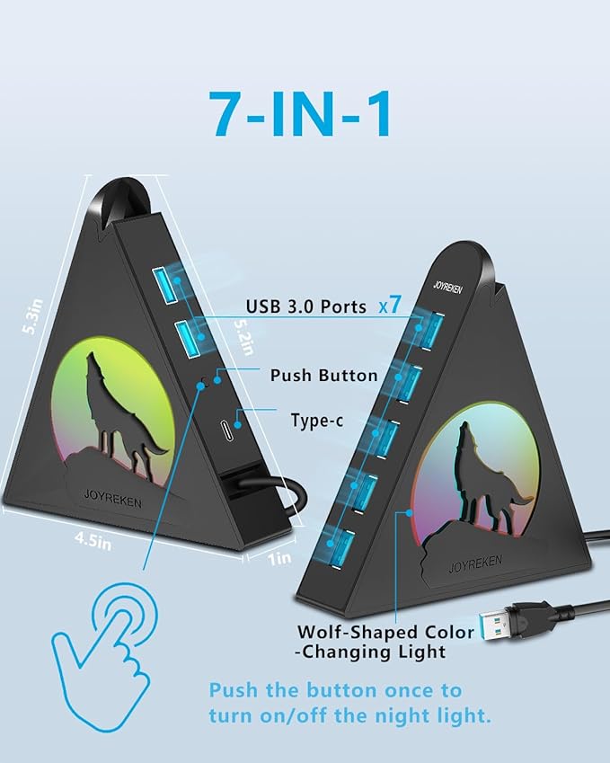 USB Hub 3.0, 7-Port USB Hub with RGB Night Light and Base, Vertical USB a Splitter for Desktop,Laptop, MacBook, Xbox, PS4/5, Game Console, Flash Drive, XPS, PC, Printer, Camera, Keyboard