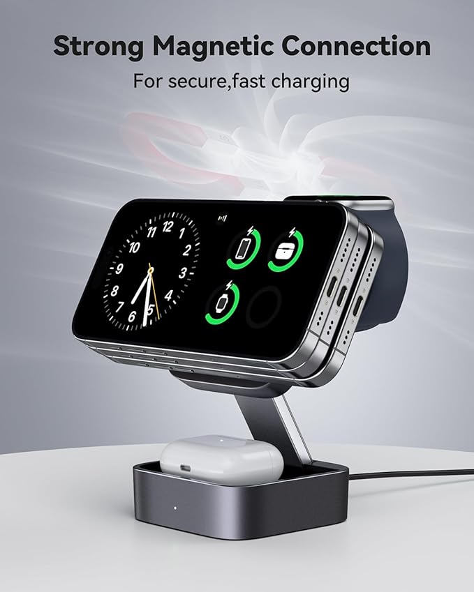 3 in 1 Wireless Charging Station for Apple Devices, Magnetic Foldable Travel Fast Charger Stand Compatible with MagSafe for iPhone Air/17/16/15/14/13/12 Series, Apple Watch & AirPods Pro/4/3/2-Black