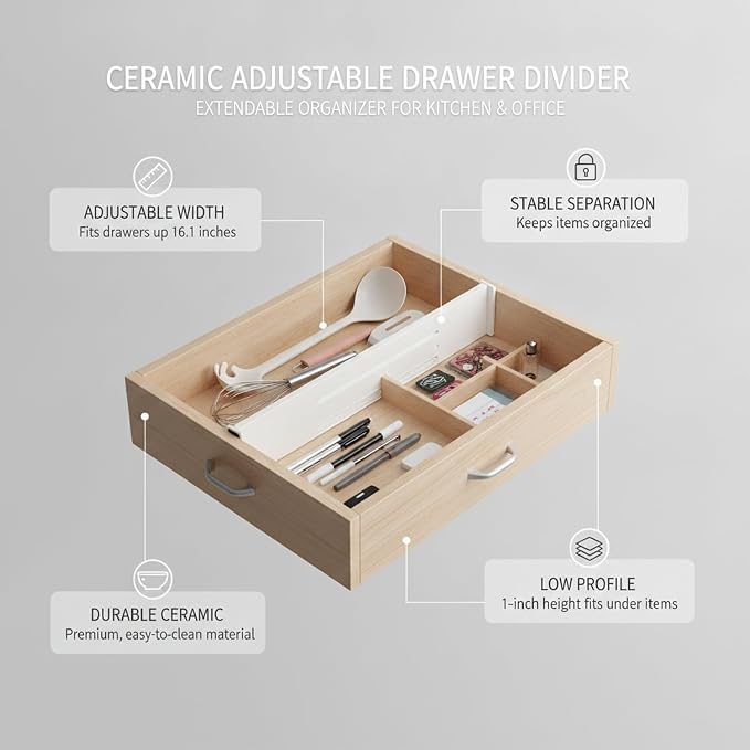 Ceramic Adjustable Drawer Divider, Extendable Organizer for Kitchen and Office Drawers, White (1 PC)