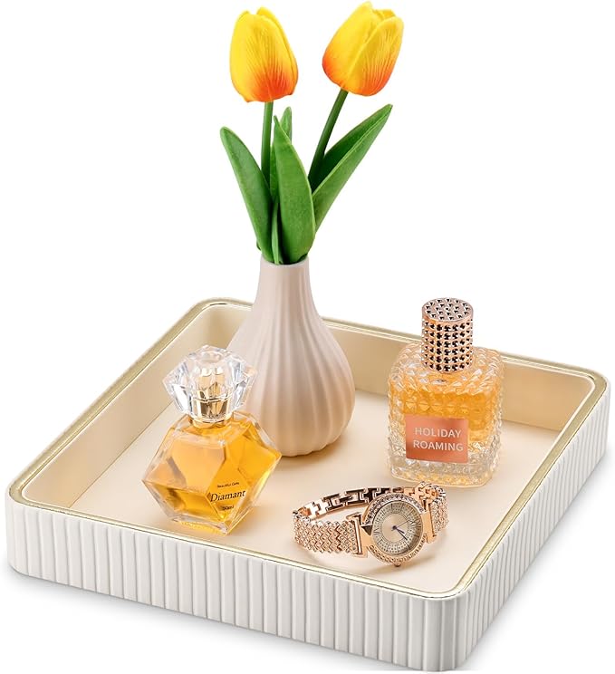 GORESE Square Nightstand Tray Perfume Organizer, Leather Decorative Tray, Purse Bowl Catch All Trays for Trinket Keys, Valet Jewelry Trays for Vanity, Gift for Women & Men, Cream White(9.3'' × 9.3'')