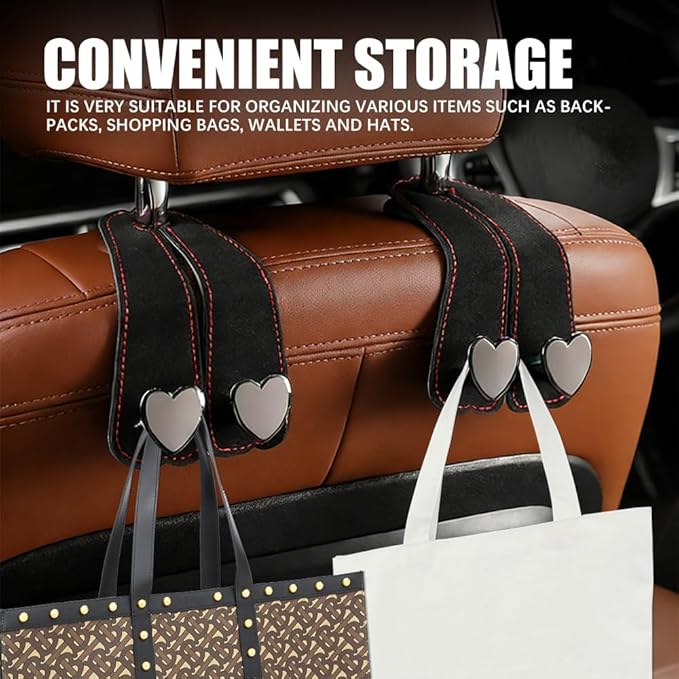2PCS Car Seat Hooks, Car Back Seat Headrest Hooks, Suede Heart-Shaped Double Hooks Headrest Organizer, Auto Accessories Heavy-Duty Multi-Functional Back Seat Phone Holder for Most Vehicles