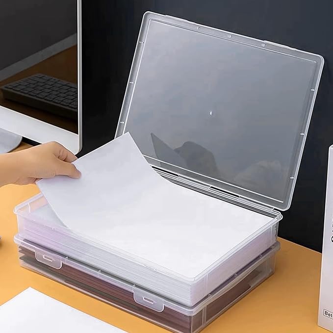 3 Pack Plastic Storage Boxes with Hinged Lids for 8.5" x 11" Letter, 2" Height A4 File Storage Case, Clear Scrapbook Paper Storage Boxes Documents Magazines Holder
