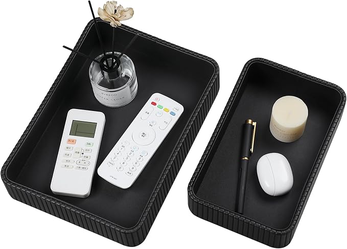 Desk Organizer Tray, PU Leather Nightstand Organizer Perfume Valet Tray for Men Women, Decorative Vanity Trays Trinket Dish Key Bowl for Entryway Table (2pcs, Black, Large+Small)