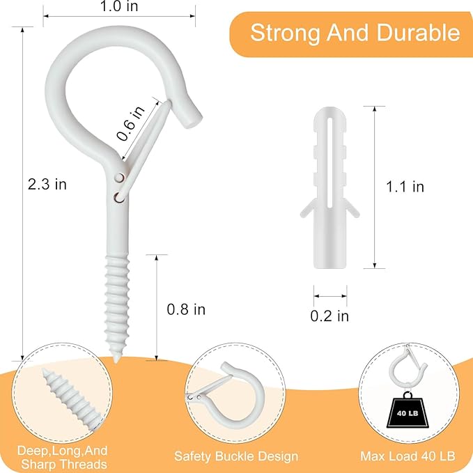 Black Screw Hooks with Safety Lock 2.3" Rustproof Metal Ceiling Hooks for Hanging Plants, Baskets,String Lights & Outdoor Decor, 40LB Capacity (10, White)