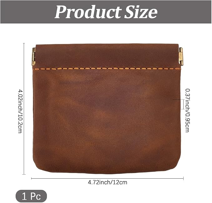 4.72 x 4.02 Inch Genuine Leather Small Makeup Cosmetic Bag for Purse Squeeze Coin Purse Pouch Crazy Horse Leather Self-Closing Pouchic Mini Snap Closure Organizer Pouch for Women Men(Brown)