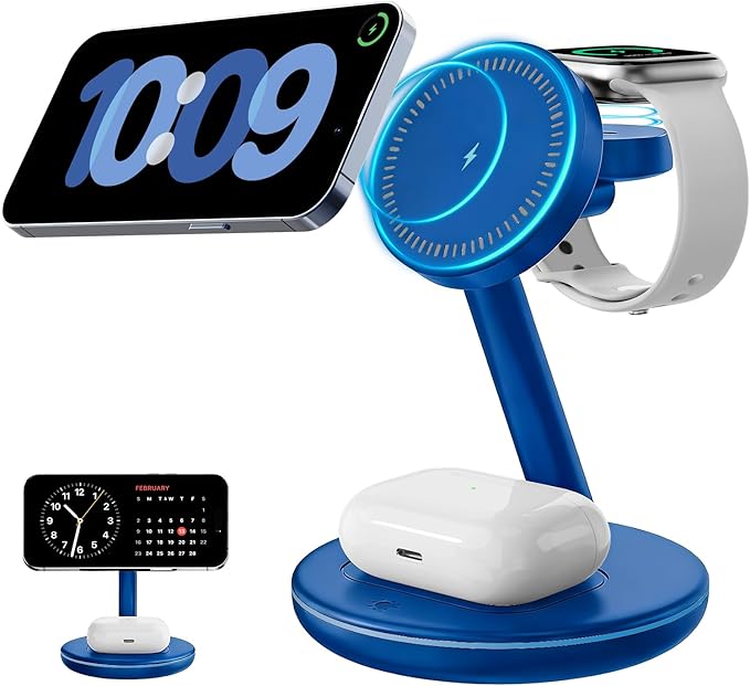 2026 3 in 1 Charging Station for Apple iPhone AirPods Watch with Mag-Safe Charger Wireless Charger Stand for iPhone 17 16 15 14 13 12 Series AirPods iWatch Series - Gifts for Wife & Husband(Dark Blue)