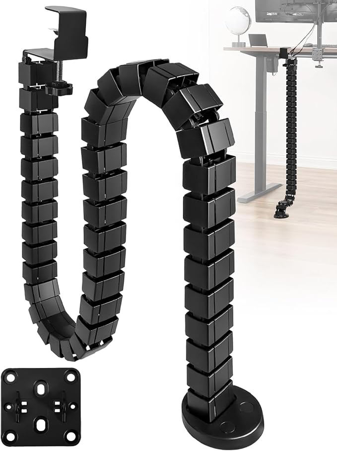 No Drill Clamp-On Under Desk Cable Management Kit, Adjustable Vertebrae Cord Organizer, Flexible Under Desk Wire Management for Standing Desk, Black