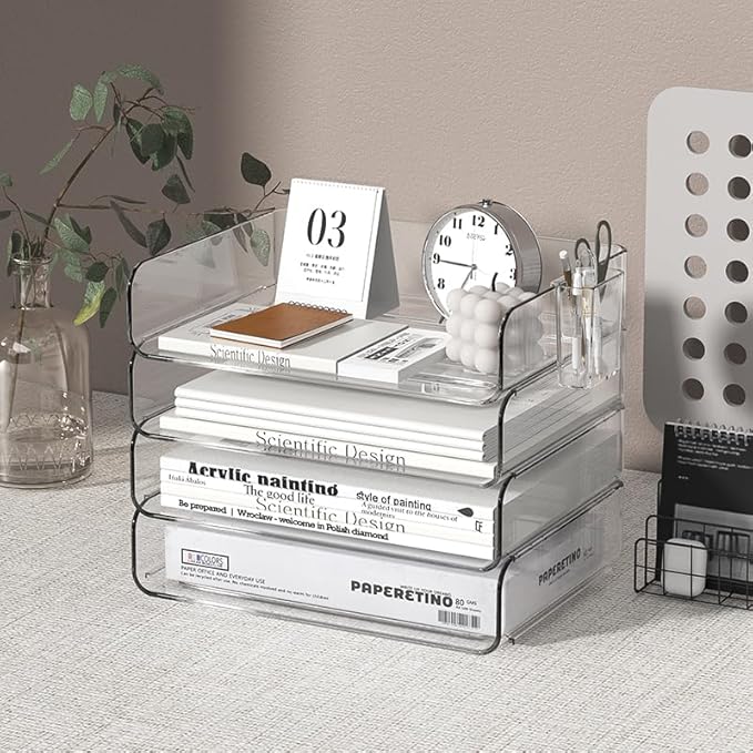 FANXIYQ 4-Tier Horizontal Acrylic Paper Tray Organizer with Pen Holder | Clear Stackable Desk Organizer for Documents, Letters, A4 Paper | Modern Office/Classroom/Home Organization