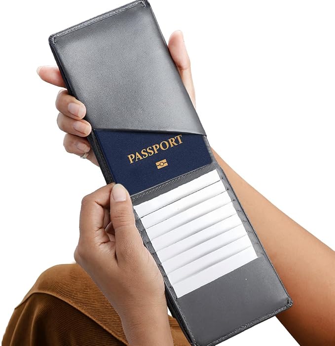 Leather Travel Wallet RFID - Slim Passport Holder for Men & Women - Fits Passport, Cards, SIMs, Pen & Boarding Pass - Secure Travel Document Organizer (Charcoal Gray)