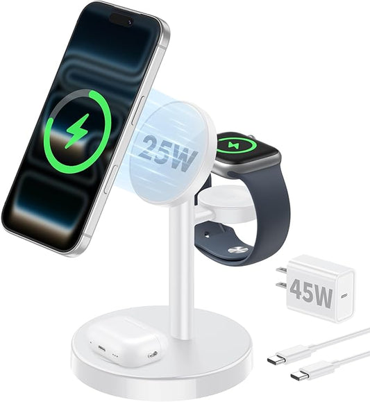 2026 25W 3 in 1 Super Fast Wireless Charging Station Compatible with MagSafe Charger Stand, Magnetic Mag-Safe Charger for iPhone 17 16 15 14 13 12 Series Apple iWatch AirPods Pro 4 3 2, White