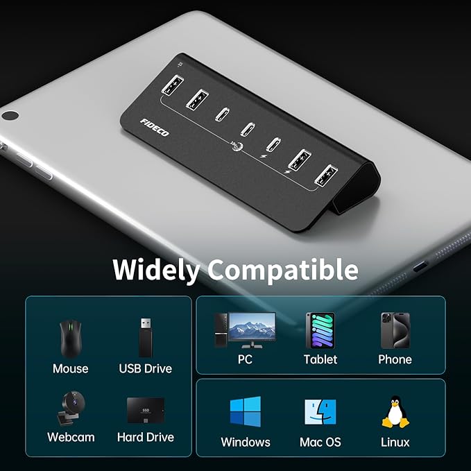 FIDECO Powered USB Hub, 7 Port 10Gbps Fast Data Hub for iPhone 16/15 and Laptop, Full Aluminum USB Splitter with 5V 3A Power Adapter, 4 USB A and 3 USB C Ports, Support BC1.2 Charging (Black)