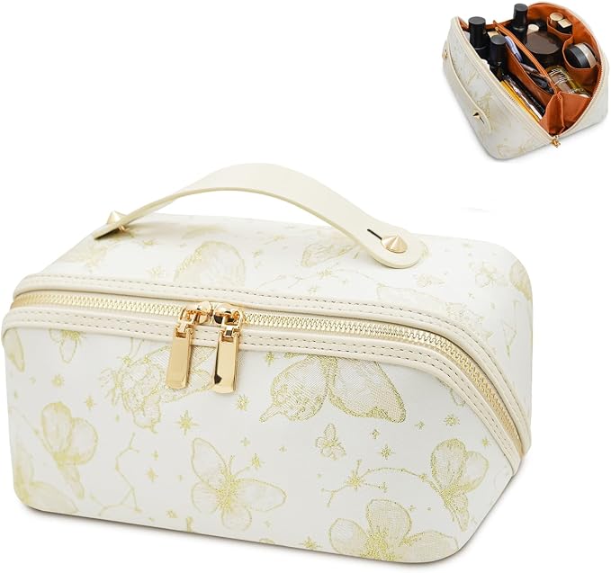 Travel Makeup Bag with Compartments & Organizers – Flat Open Cosmetic Pouch for Women, Purse-Style Design for Traveling, Perfect for Toiletries & Cosmetics for Women(Beige)