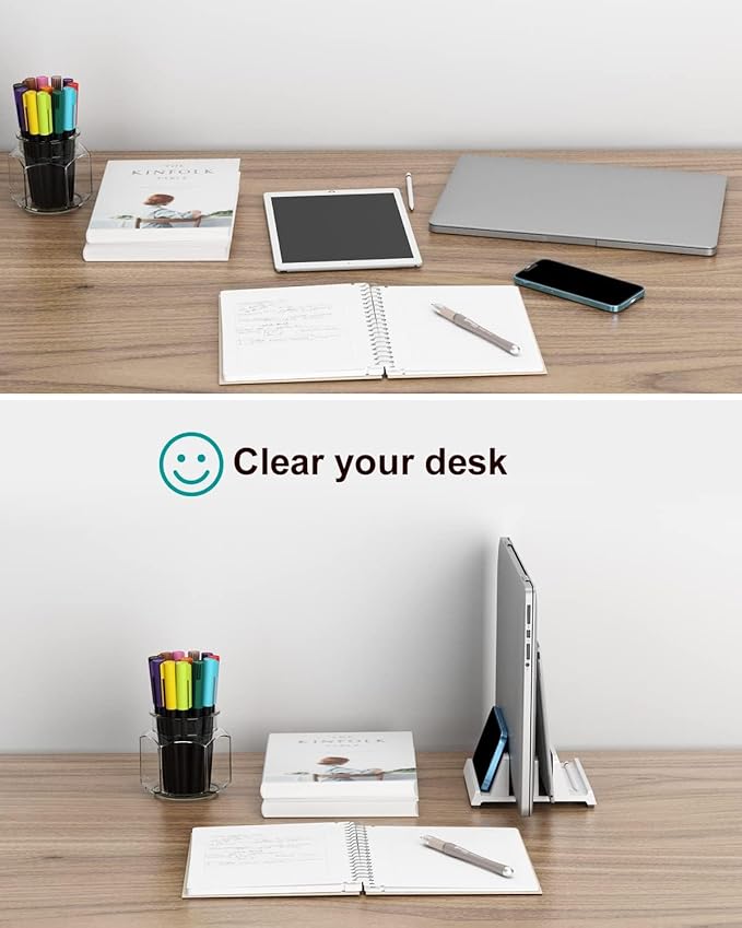 Vertical Laptop Stand for Desk, Dual Slots Plastic Laptop Holder with Space Saving 4-in-1 Design, Adjustable Laptop Stand Supports MacBook, Chromebook, Surface, Dell (White)