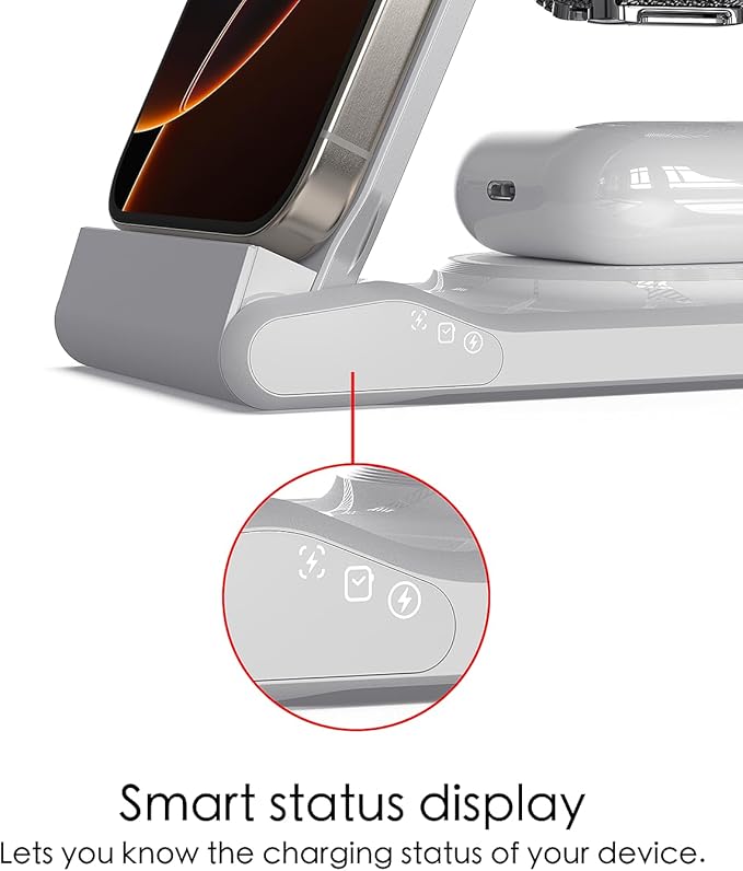 3 in 1 Charging Station for Multiple Devices,Travel Wireless Charging Station, Foldable Charger for iPhone 16/15/14/13/12/SE/11/X/8 Series,& Android Phone,& AirPods,& iWatch (Adapter Not Included)