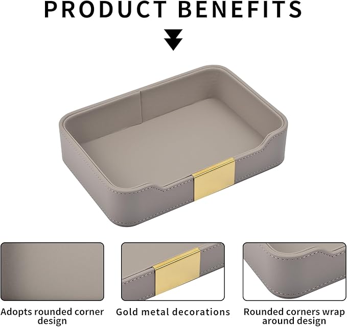 Luxury Leather Valet Tray Desktop Storage Organizer,Bedside Vanity Catchall Tray Nightstand Caddy Holder for Cosmetic,Jewelry,Watch,Keys,Phone,Wallet,Remote Controller,Pen,Gray