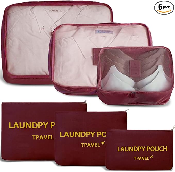 6 Set Packing Cubes for Travel Luggage Packing Bags Reusable Waterproof Suitcase Organizer Bags Set with Shoe Bag and Toiletry Bag (Wine Red)
