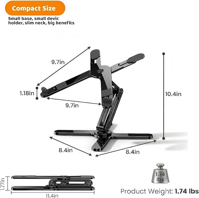Moallia N86 360 Rotating Laptop Stand, Adjustable Height & Angle, Ergonomic Metal Riser for Desk Collaborative Work, Fully Foldable for Easy Storage, Fits All MacBook & Laptops up to 16 inches, Black