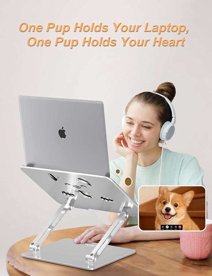 Laptop Stand for Desk-Adjustable, Foldable, Portable, Ergonomic Aluminum Notebook Riser with Unique Puppy Cooling Vent, Desk Gift for 10-17.3" Devices Mac, Dell, HP, Lenovo, Samsung, Silver