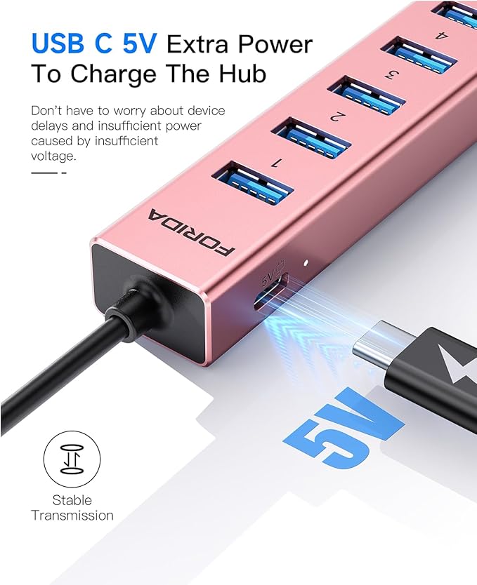 Aluminum USB 3.0 Adapter USB to Ethernet HUB with 120CM Long Cable for Laptop USB Extender with Gigabit Ethernet Port and 5V/3A Power Port 7 Ports USB Hub for iMac PC Flash Drives (Rose Gold)