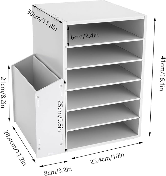 6-Tier File Organizer, 6 Slot Thick Board Desktop Mail Sorter w/Side Storage Cabinet, Adjustable Shelves File Sorter, Paper Organizer for Home School Office (White, 6 Slot)