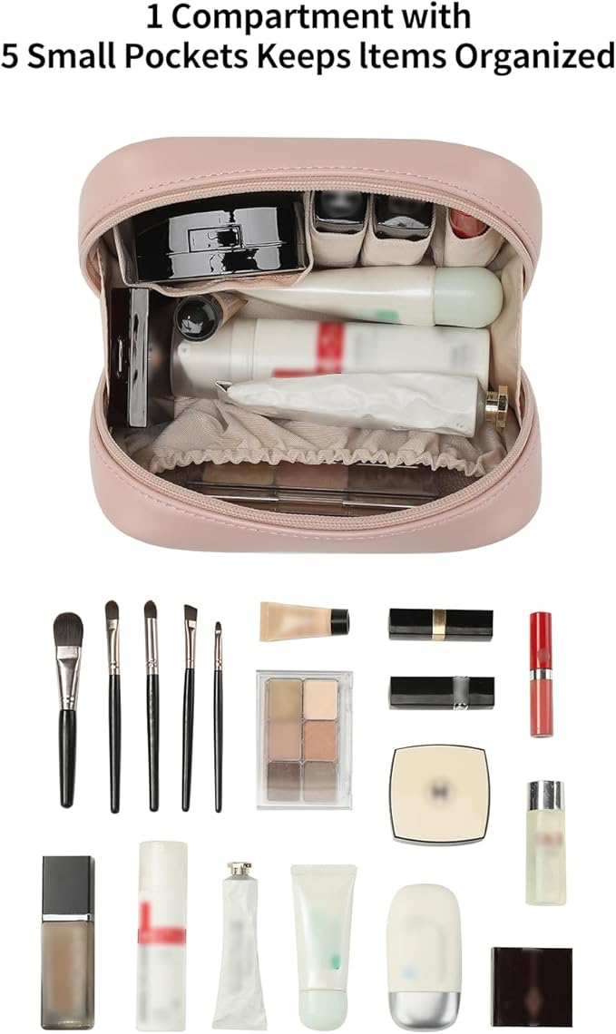 RIGHT AWAY Makeup Bag,Travel Cosmetic Bag Organizer with Zipper,Waterproof Toiletry Bags Makeup Pouch for Purse, Small Make Up Bag &Cases with Compartments for Women Girls（Pink）