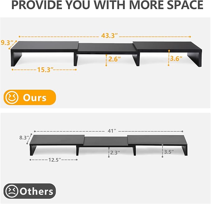 TAVR Dual Monitor Stand Riser Office Desktop Organizer Stand for 2 Monitors, Adjustable Length and Angle 3 Shelf, Extra Long Multifunctional Wooden Stand up to 43.3" fit Computer, Laptop, TV, Black