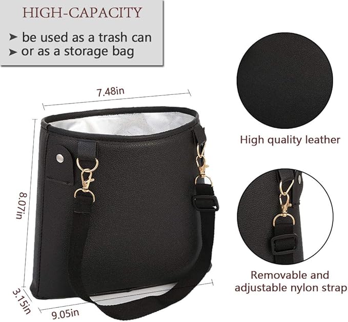 HerMia Hanging Car Trash Can Bin, Garbage Can PU Leather, Waterproof Litter Auto Trash Can for Travelling, Outdoor, and Vehicle (Black)