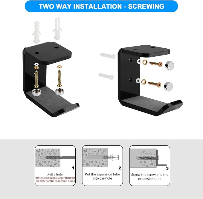 Cosmos 2 Pcs Headphone Hanger Mount Under-Desk Headset Hanger Hook Earphone Holder Wall Mount Hooks with Adhesive Tape & Screw Set Compatible with PC Gaming DJ Headset, Acrylic (Solid Black)