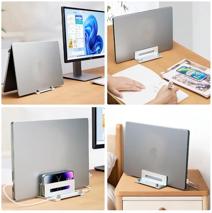 HomeBeyond Aluminum Vertical Laptop Stand for Desk, Adjustable Dual Slot Holder(up to 1.73 inches), Compatible with MacBook Pro, MacBook Air and Other Laptop - Save Space & Improve Airflow, Silver