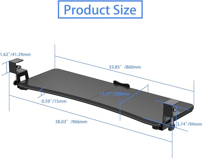 suptek Large Keyboard Tray Under Desk Pull Out with C Clamp Mount, Computer Keyboard & Mouse Tray, 34 (38 Including Clamps) x 11.8 inch Slide-Out Platform Computer Drawer for Typing, Black, DSF1LB