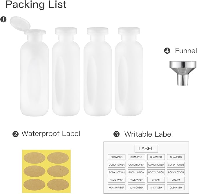 Empty Shampoo Bottles 6.7oz - Large Size Refillable Plastic Liquids Toiletry Containers - Empty Leak Proof Lotion Toiletries Dispenser - Clear Flip Cap Top Body Wash and Cosmetic Set 4 Pack