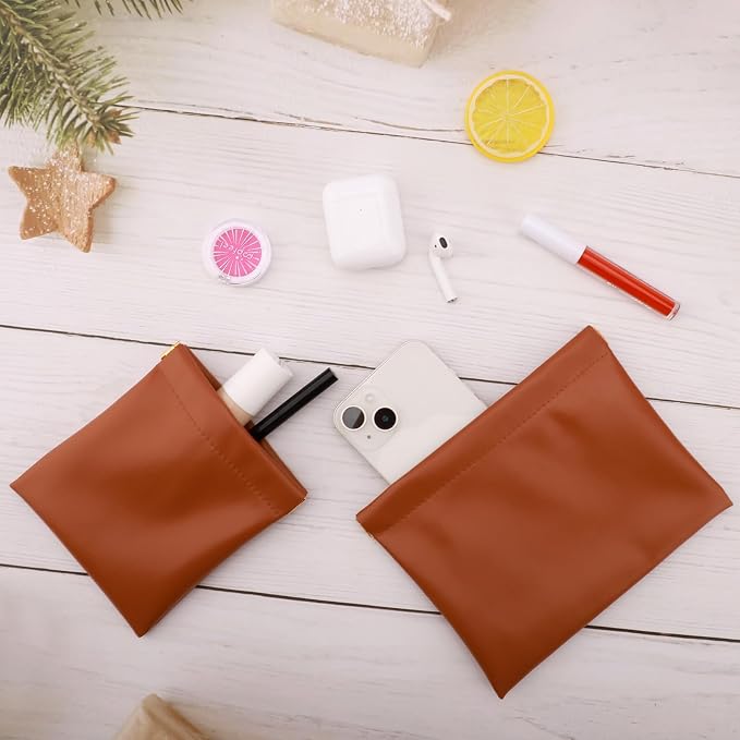 2 PCS Ladies Small Makeup Bag for Purse,Small Makeup Pouch,Purse organizer,Coin purse lipstick Cosmetic Accessories Organizer,Travel Set Organizer,Waterproof Portable Zipperless Self-Sealing(Brown)