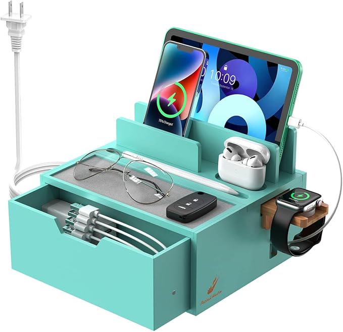Pezin & Hulin Bamboo Charging Station for Multi Device, with Power Charger & Cables, Nightstand Docking Stand with Felt Pad Tray & Drawer, Compatible with Tablet, Cell Phone, Smart Watch-Teal