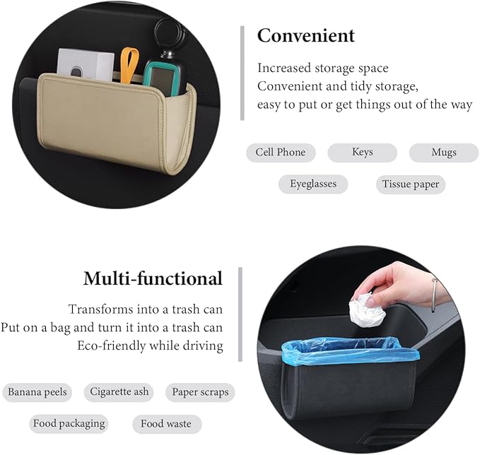 DXNQ Car Trash Can, Leather Foldable Hanging Trash Bag, Multi-Function Mini Storage Box Garbage Can for Car Back Seats and Side Door, Beige