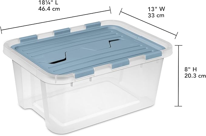 Sterilite 6 Pack Hinged Lid Storage Box, 20 Qt Plastic Container, Washed Blue - Home Organizer Tote for Storing Shoes, Crafts, Clothing, or Decor