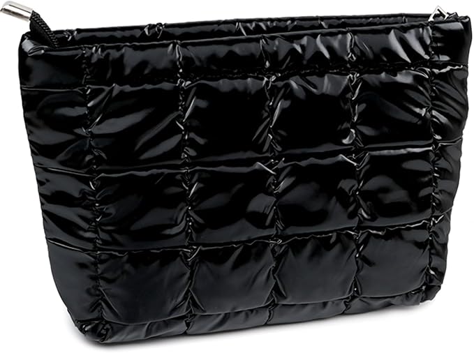 3Pcs Puffer Quilted Makeup Bag Travel Cosmetic Bag Set Portable Puffy Checkered Toiletry Pouch Skincare Organizer Purse Pencil Case (Black)