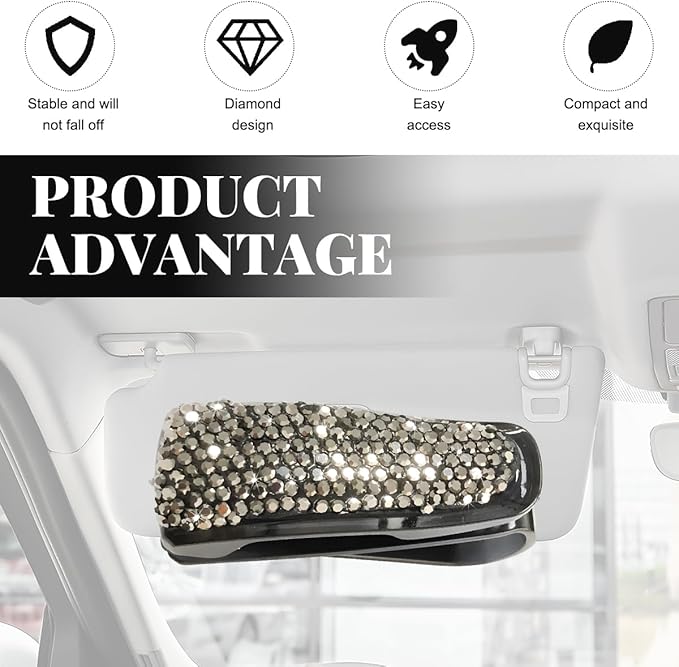 Wevdn 2 PCS Car Sun Visor Glasses Holder, Fashion Bling Car Eyeglasses Sunglasses Hanger for Women Girls, Glasses Holder Clip Hanger Mount with Ticket Card Clip, Car Accessories (Bright Black)