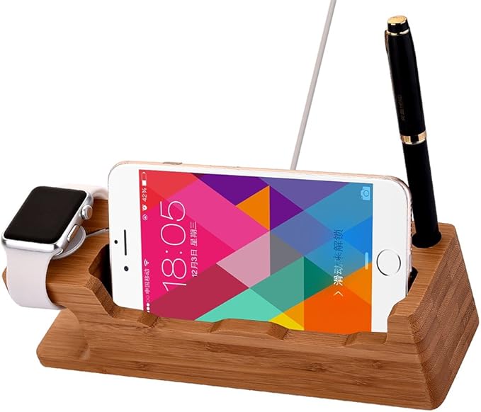 MOOZO Bamboo Wood Desktop Charging Dock Station Charger Holder Cradle Stand Compatible iPhone 16 15 14 13 12 11 Pro Max Apple Watch 2 3 4 / iWatch Samsung Galaxy S8 S7 S6 Edge Plus LG HTC Smartphones