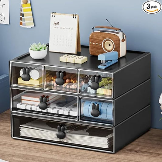 Marbrasse Desk Organizer with 6 Drawers, 3 Tier Stackable Storage Drawers Plastic Makeup Storage, Office Organizers and Storage, Desk Storage Box for Office, School, Home Black