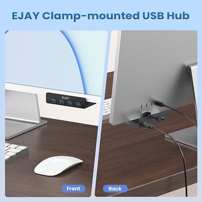 EJAY 4-Port USB 3.0 Hub with Clamp, High-Speed Data Transfer, Extra Power Supply Port, 59in Data & 39in Power Cables for Desk/Monitor
