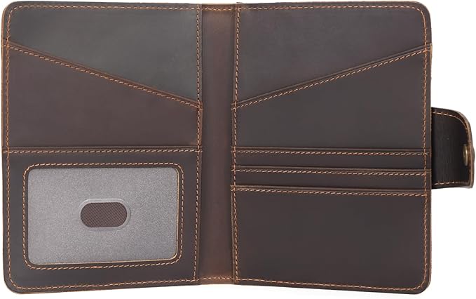 Polare Full Grain Leather Slim and Soft RFID Blocking wallet For Men Snap Bifold Travel Wallet Passport Holders 2 Passports (Dark Brown with AirTag Slot)