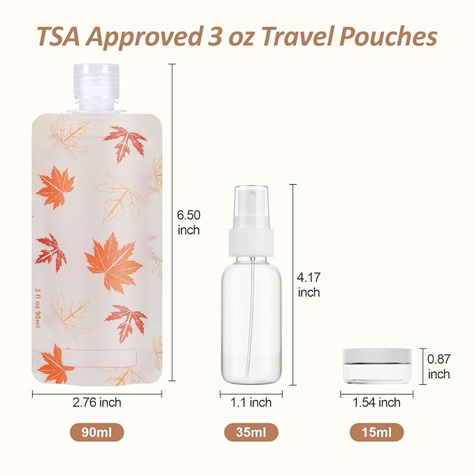 PACKISM 11 Pack Travel Pouches for Toiletries, 3 oz TSA Approved Liquid Containers, Leak Proof Squeeze Bags for Cruise & Camping, Space Saving Refillable Carriers, Active Yellow Lemon Red Maple Leaf