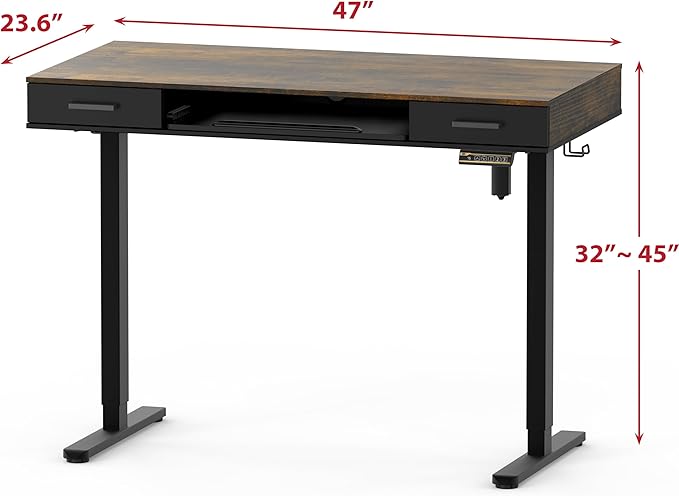 SHW 48-Inch Electric Height Adjustable Desk with Keyboard Tray and 2 Drawers, Rustic Brown